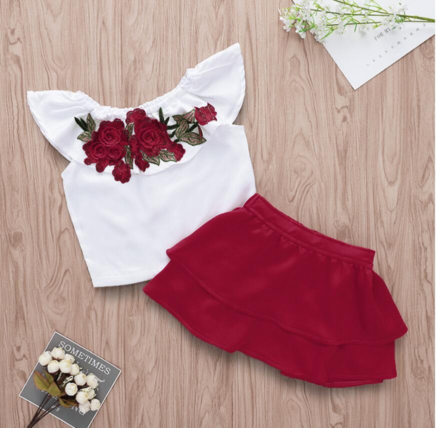 

Girl Rose Print Lotus Collar Tops and Dress Set Baby Summer White Sleeveless T-Shirt and Skirt Suit Kids Clothes Two Pieces ZHT 199, As picture