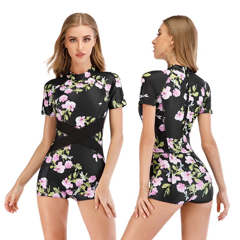 

bunvel Zipper Rashguard Women One Piece Plus Size Swimsuit Retro Floral Rash Guard Swim Suit Bathing Suit Surf Female