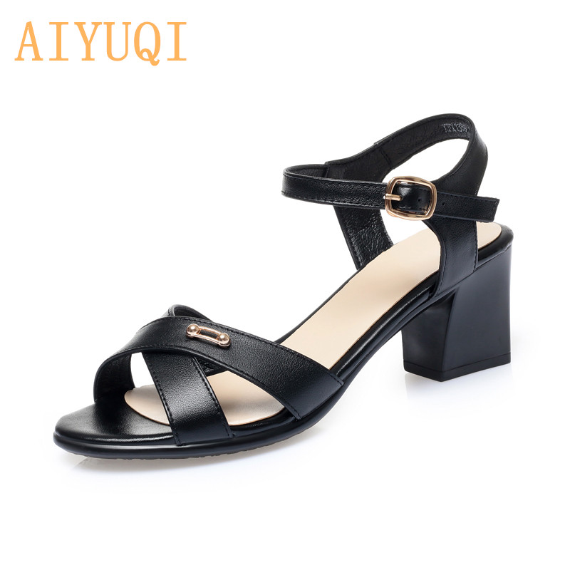 

AIYUQI Women's Sandals Summer 2020 New Genuine Leather Women's Shoes High Heels Open Toe Casual Dress Sandals, Beige