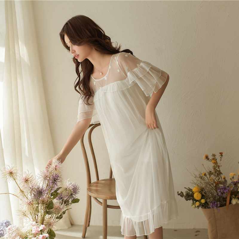 

Sleepwear Nightgown 2020 New Princess Woman Lace Night Sleeping Dress Sexy Pink Summer Spring Lace Sleepshirt Dress For Women, As picture