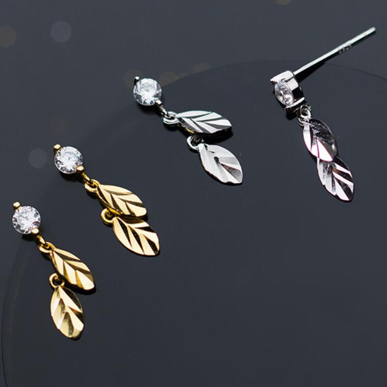 jewelry S925 sterling silver earrings leaves charm earrings zircon gold color earrings for women hot fashion