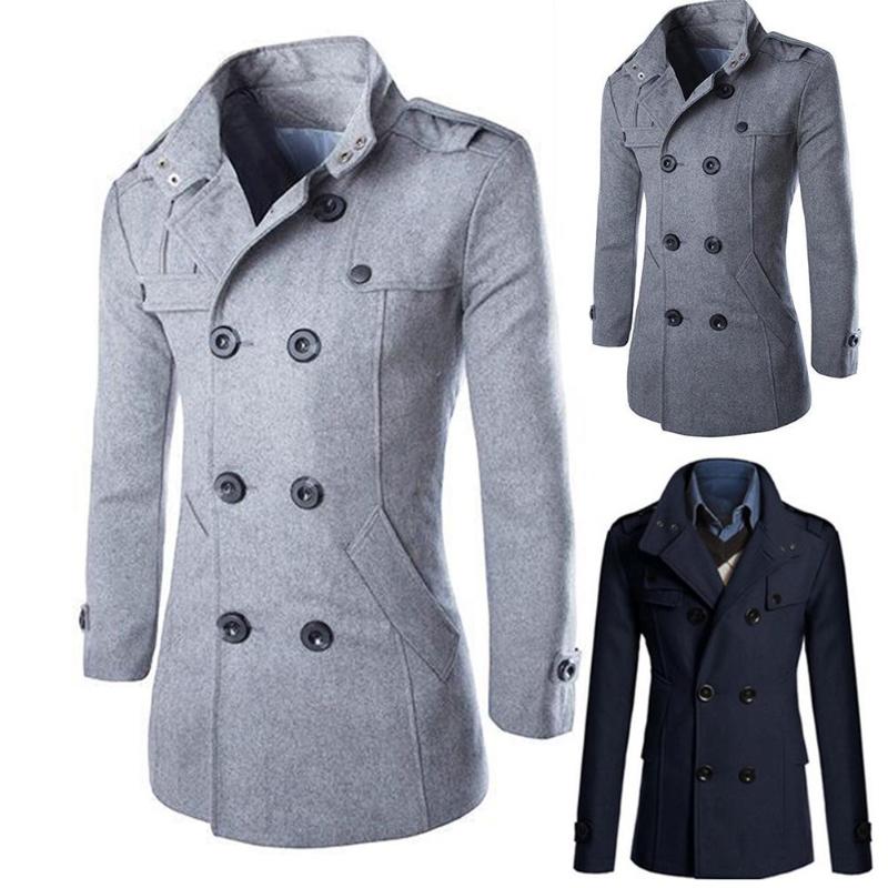 

Stylish Chic Men Winter Stand Collar Long Sleeve Double-breasted Woolen Trench Men's Coat, Black