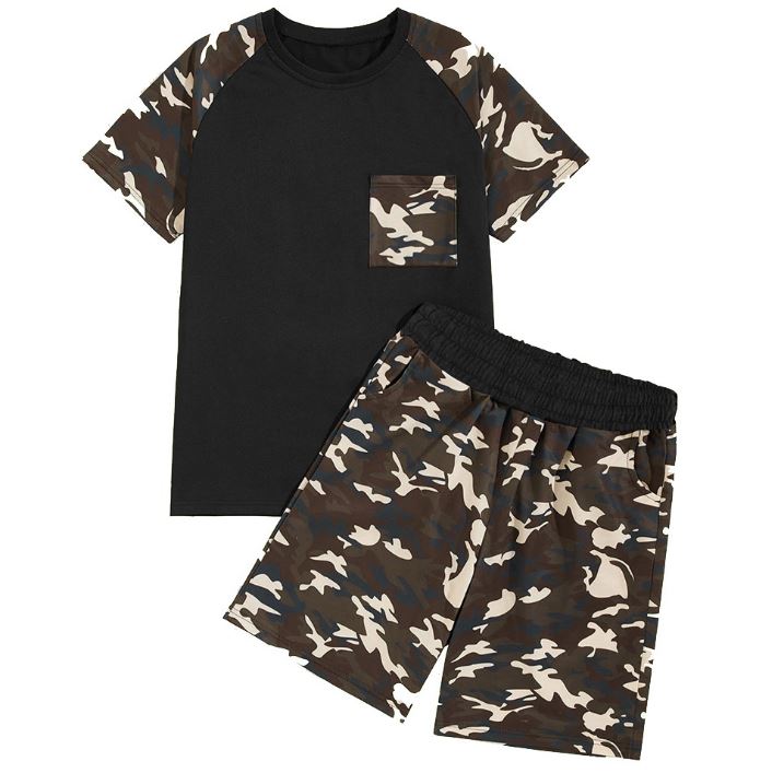 

Mens Track Suits Color Matching Camouflage Round Collar Breathable Quick Dry Short Sleeve Cotton Set Summer Casual, As pic