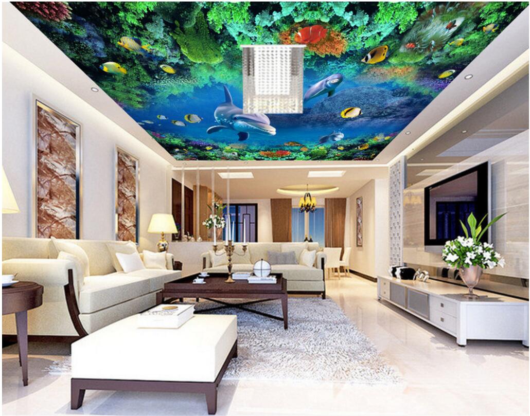 

3d ceiling murals wallpaper custom photo Sea world dolphin fish coral living room home decor 3d wall murals wallpaper for walls 3 d, Customize