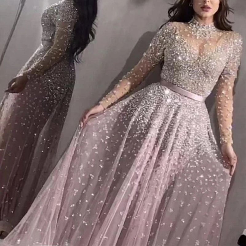 Women Elegant Formal Evening Party Mesh Long Sleeve High Waist Sequins Shiny Wedding Long Dress 2020 Top High Quality Vestidos