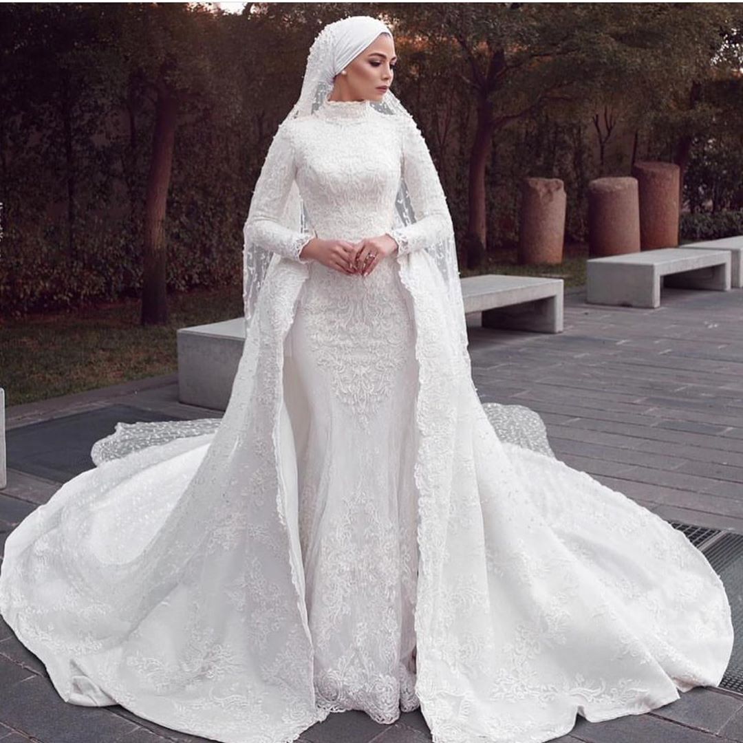 

Modest Muslim Mermaid Wedding Dresses with Detachable Train Lace Appliques Overskirt Bridal Gowns Hijab Court Train Vintage Robes De Mariée, Pink