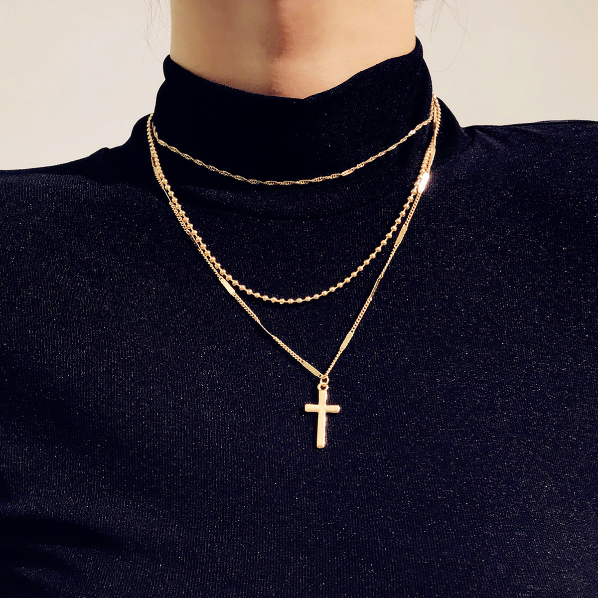 

S862 Europe Fashion Jewelry Women's Cross Necklace Cross Pendant Multi-layer Chains Ladies Sweater Necklace