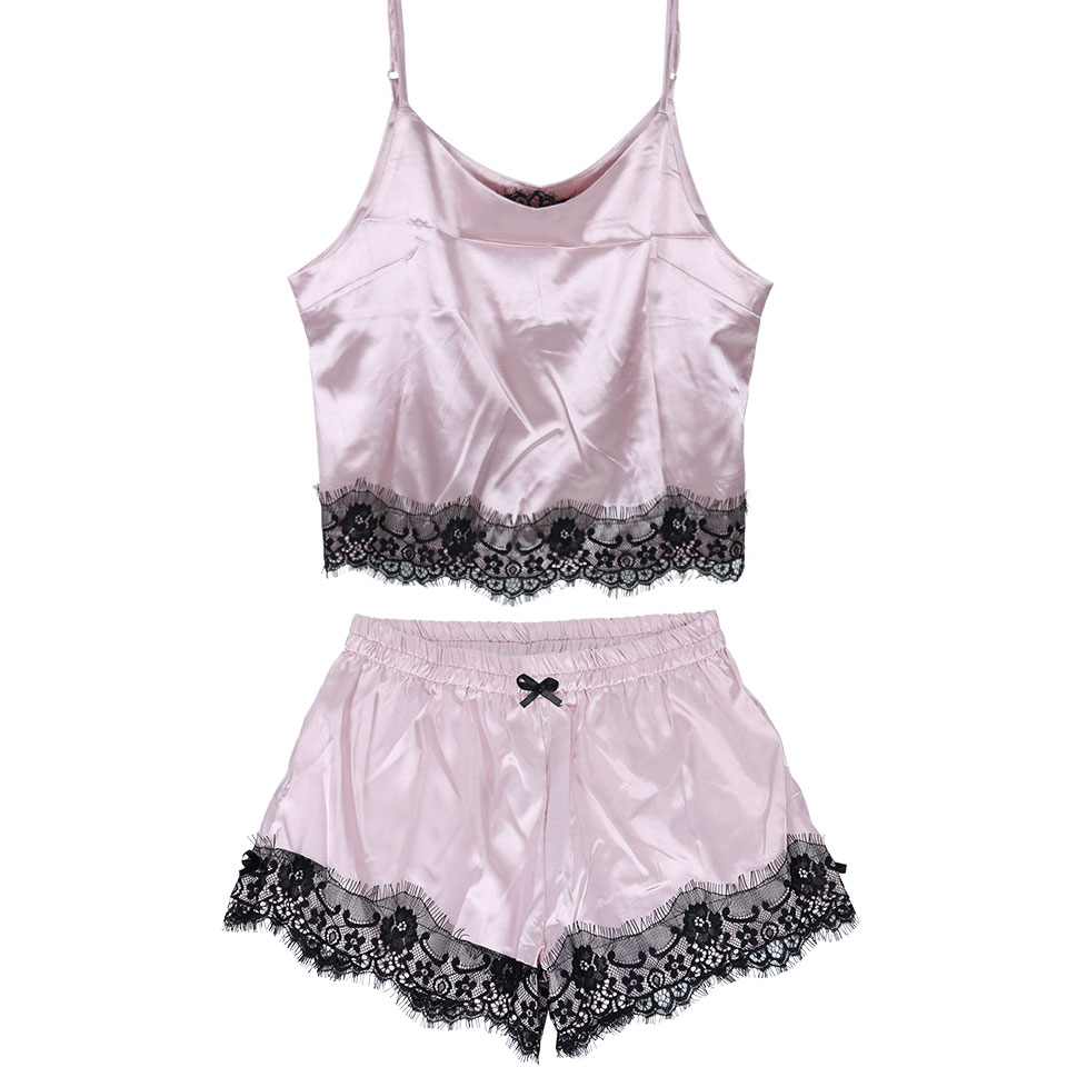 

Silk Sexy Summer Sleepwear Women Sleeveless Lace pijama Set Spaghetti Strap Pajamas Satin Top and Shorts Pyjamas Femme Pink New