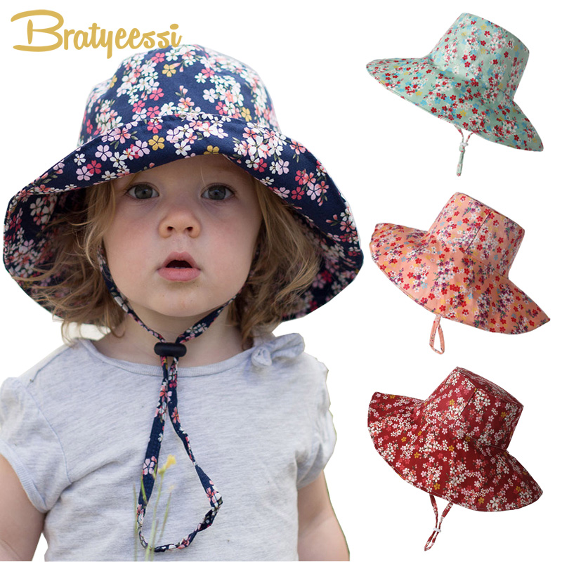 

New Floral Kids Hat for Girls Cotton Folding Big Brim Bucket Hat Kids Cap Spring Autumn Summer Girls Sun for 2-8Y, Blue