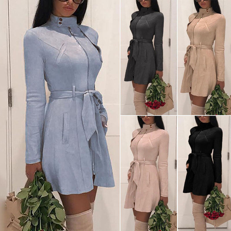 

2019 Autumn Women Turtleneck Zipper Pockets Long Trench Velvet Skin Wind Breaker Belt Slim Outwear High Street Tops, Black
