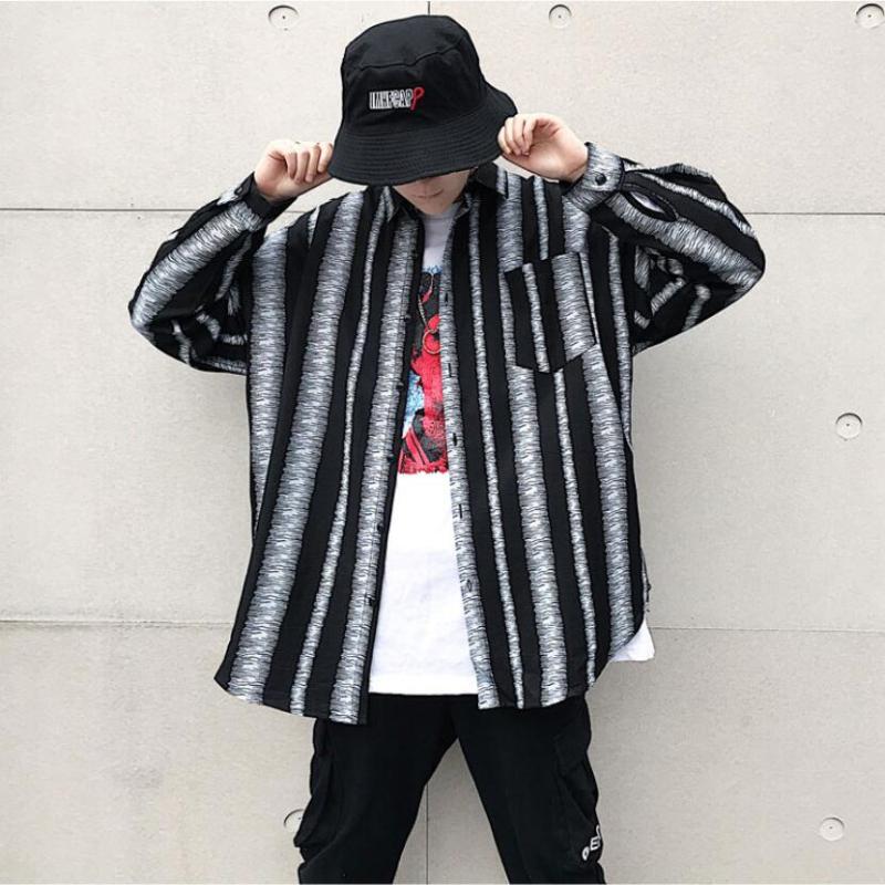 

Oversized Cotton Striped Shirts Men Hip Hop Streetwear Mens Clothing Korean Single Pocket Loose Casual Long Sleeve Shirts Male, As pic