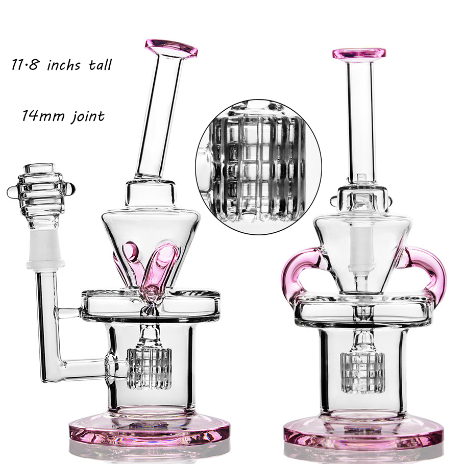 

11.8 inchs Pink Bong Recycler Dab Rigs Heady Glass Water Bongs Smoking Pipes Hookahs Shisha With 14mm Bowl