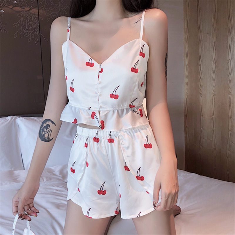 

Cherry Print Women Strap Shirt&Shorts Sexy Mini 2PCS Sleepwear Sweet Female Strap Top&Shorts Female Casual Home Clothes, White