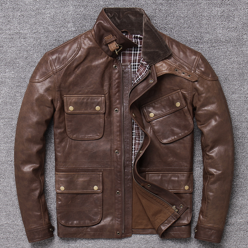 

Free shipping.2020 new Batik Tree Paste Sheepsking outwear,men vintage slim genuine Leather jacket.classic M65 hunting coat, Brown