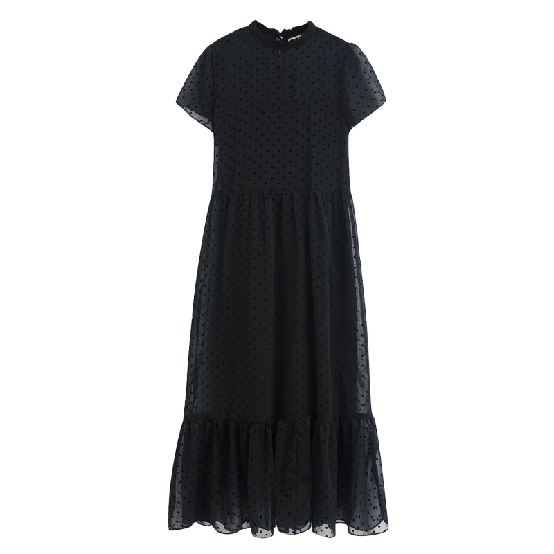

Elegant women dots flocking mesh long dress 2020 summer fashion ladies black transparent dresses female boho dress girls chic