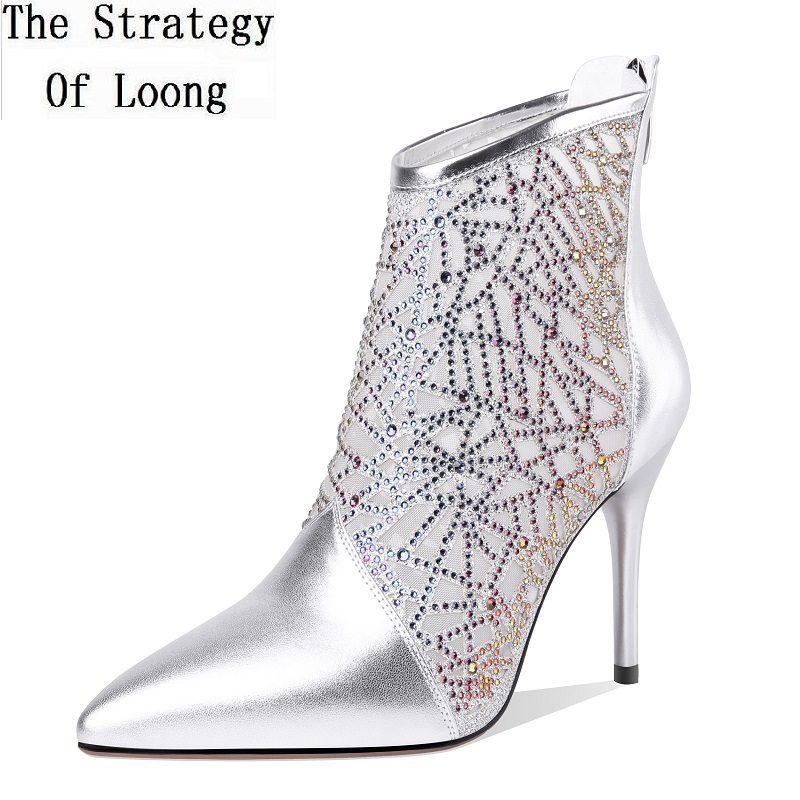 

Spring Autumn Bling Women Genuine Leather Crystal Sexy Ankle Equestrian Boots Ladies Pointed Toe Super High Heels Shoes 200103, Silver