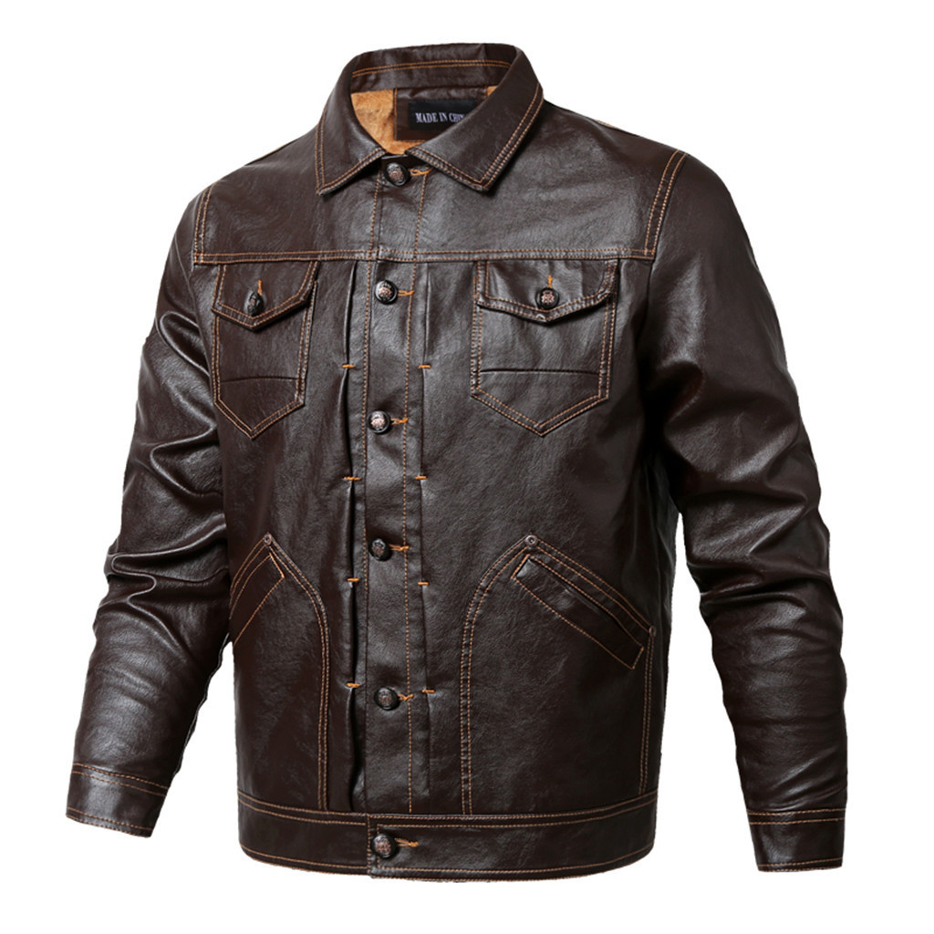 

Men's Winter Faux Leather Jackets Autumn And Winter Fashion Vintage Zipper Pure Color Imitation Leather Coat Man Jacket Wind, Black