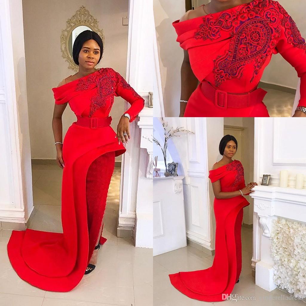 

2020 Vintage Red Long Sleeves Split Side Evening Dresses One Shoulder Sheath Lace Applique Runway Party Dress, Water melon