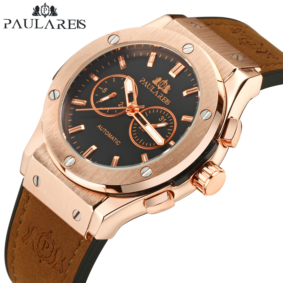 

Men Automatic Self Wind Mechanical Rose Gold Silver Black Case Brown Leather Rubber Strap Casual Sports Geneve Watch LY191206, Rose gold white
