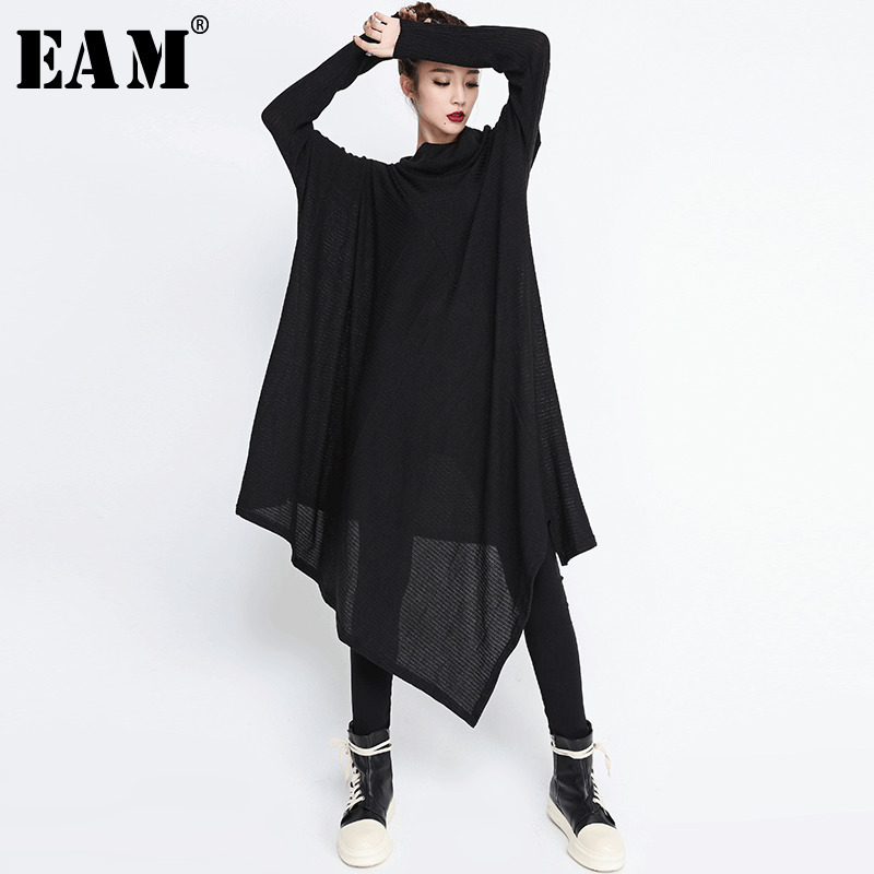 

[EAM] 2019 New Spring Winter High Collar Long Sleeve Black Irregular Hem Loose Big Size Long Dress Women Fashion Tide JG636