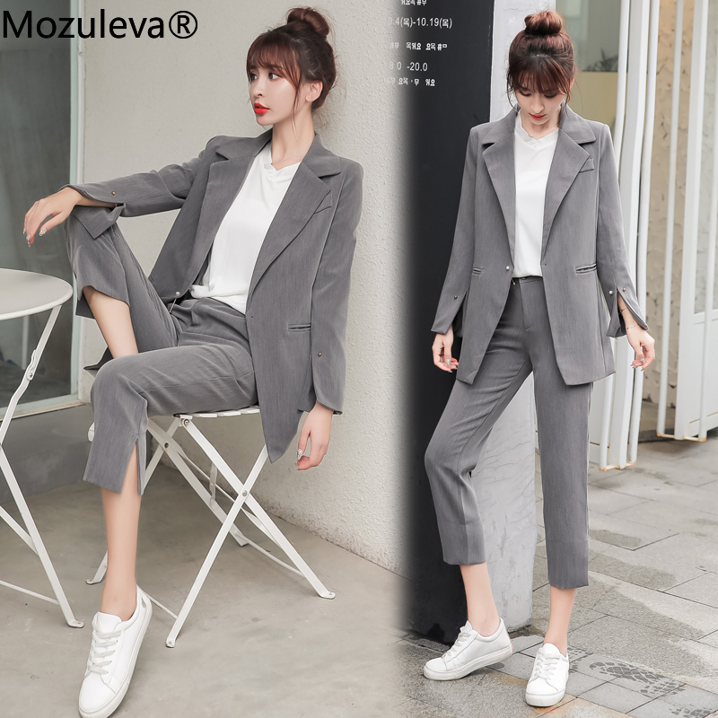

Mozuleva Autumn Pear Button Women Pant Suit Chic 2 Piece Set Single-breasted Notched Jacket & Straight Pant Female Blazer Suit, As pic