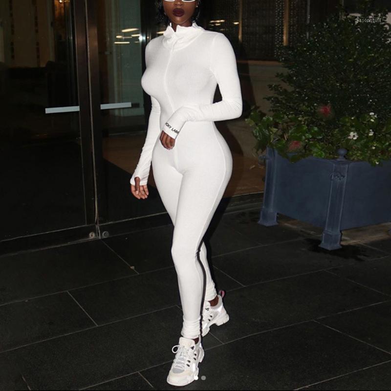 Blanc Sexy Bodycon Combinaison Barboteuse Noir À Manches Longues Body Femmes Fermeture À Glissière Col Roulé Combinaisons Élégant Pleine Longueur