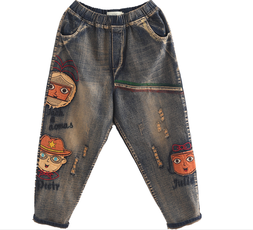 

Blue Gray White Black Feer Embroidery Do Old Hole Haroun Pants Elastic Waist Bk4286