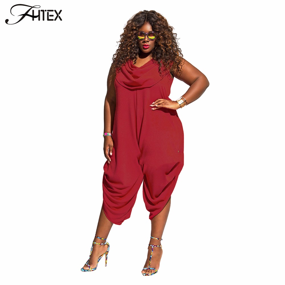 

Plus Size Loose Jumpsuit Rompers New Fashion Solid Color Heap Collar Women Summer Casual Party Big Size Overalls 4XL combinaison, Red