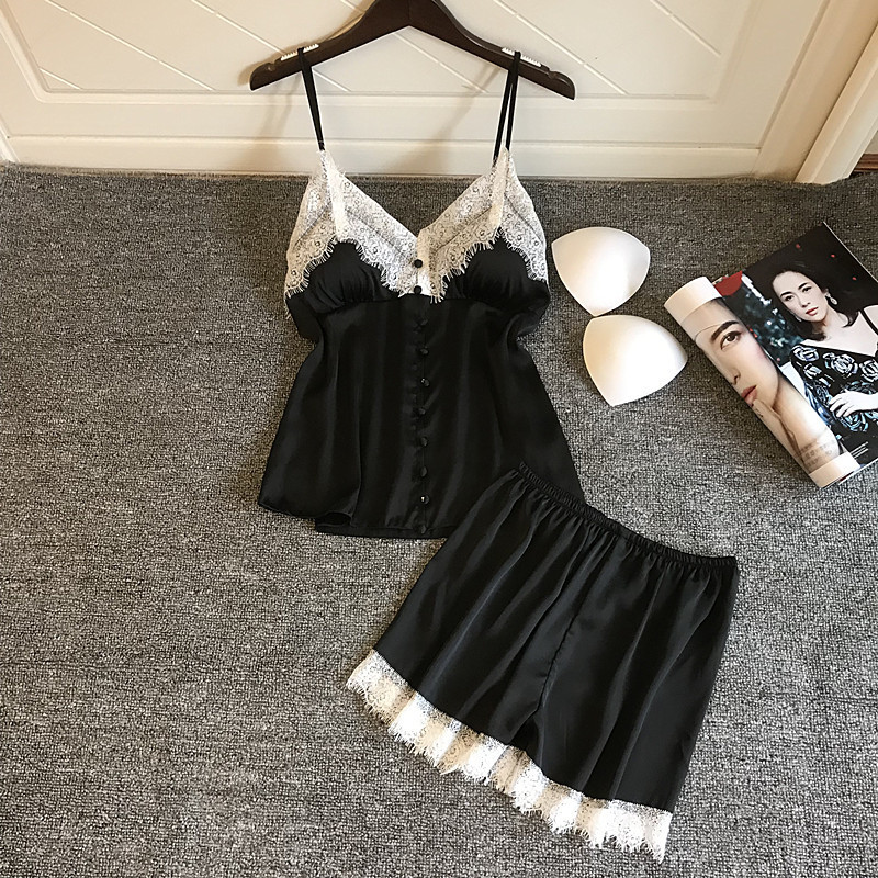 

Spring and Summer New Women's Tank Top Shorts Sexy Pajamas Two Piece Suit Silk Leisure Tops Lace Ribbon Chest Pad Korean Style