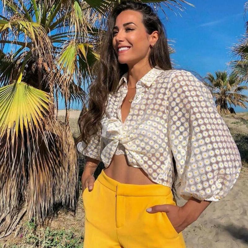 

See Through Women Dot Mesh Blouse Top Transparent Shirts Puff Sleeve Tops Female Summer Casual Blouses Female Tops Streetwear, As pic