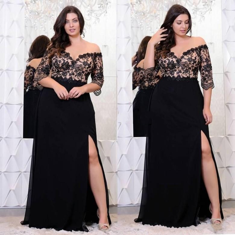 

2020 Black Prom Dresses With Half Sleeves Lace Off The Shoulder Split Side Evening Gowns A-Line Chiffon Plus Size Formal Party Dress, Silver