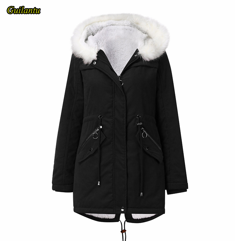 

Guilantu Winter Jacket Women Thick Wool Liner Padded Hooded Coat Female Plus Size White Fur Collar Hoodies Long Parka Mujer, Black