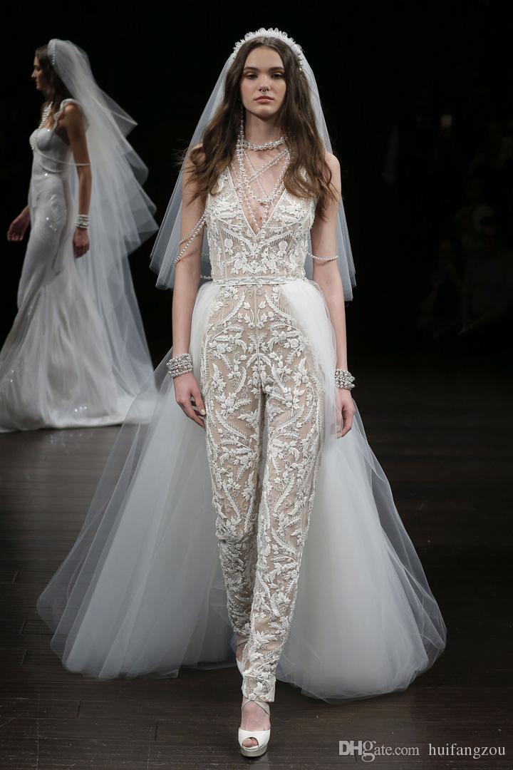 

Modest A Line Wedding Dress Jumpsuit With Removable Train 3D Floral Lace Deep V Neck Illusion Sexy Bridal Gowns Custom Made, White
