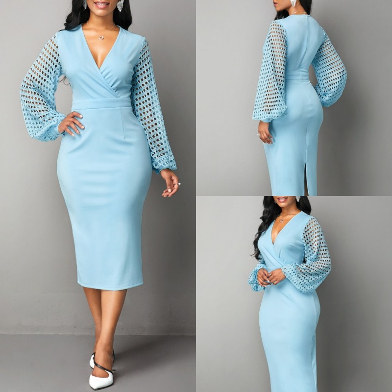 

2020 Royal Sheath Mother of The Bride Dresses Satin Plus Size V Neck Wedding Guest Dress Long Sleeve Tea Length Zipper Evening Gowns