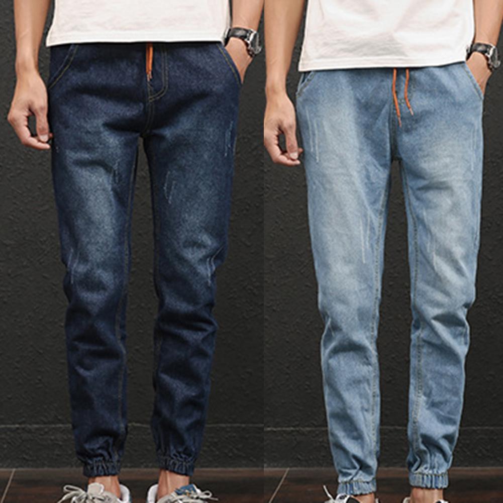 

Plus Size Fashion Casual Men Jogger Stretch Drawstring Elastic Waist Fit Denim Long Pants Jeans S-lim Clothing For Mens, Dark blue