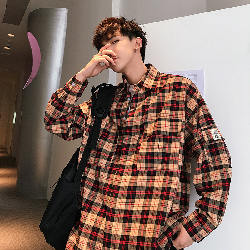 

2019 Spring Korean Version Of The Campus Style Fashion Casual Tooling Men's Long-sleeved Programmer Plaid Shirt Loose Party, Gray