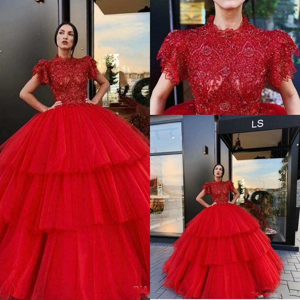 

New Red Ball Gown Quinceanera Dresses High Neck Illusion Short Sleeves Lace Crystal Beads Puffy Tiered Sweet 16 Party Prom Evening Gowns, Champagne