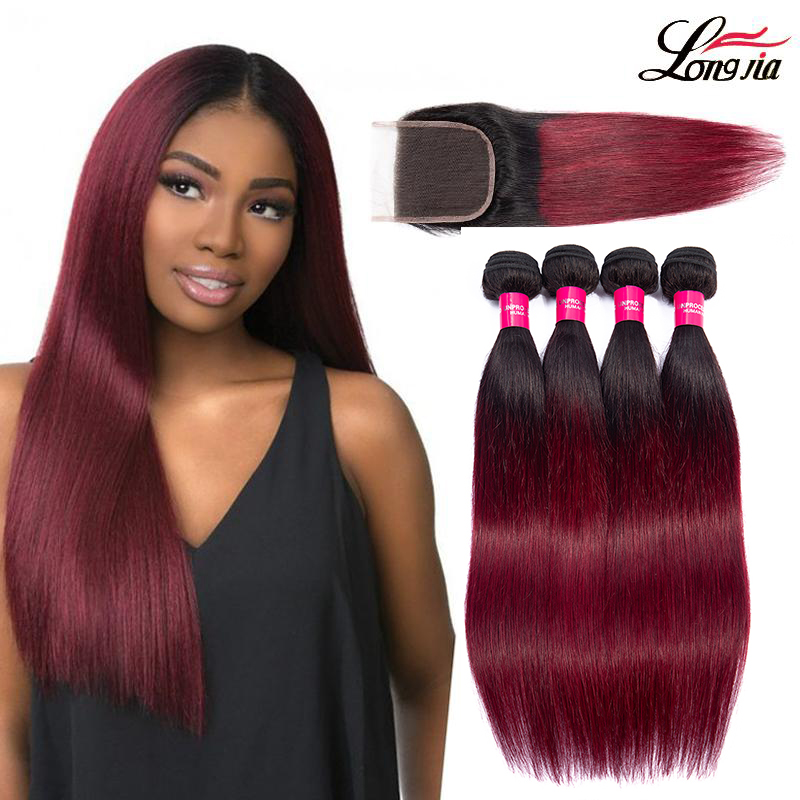 

Brazilian human hair bundles with closure 4*4 1b/99j straight hair with closure 3/4 bundles Brazilian straight virgin human hair, Free part