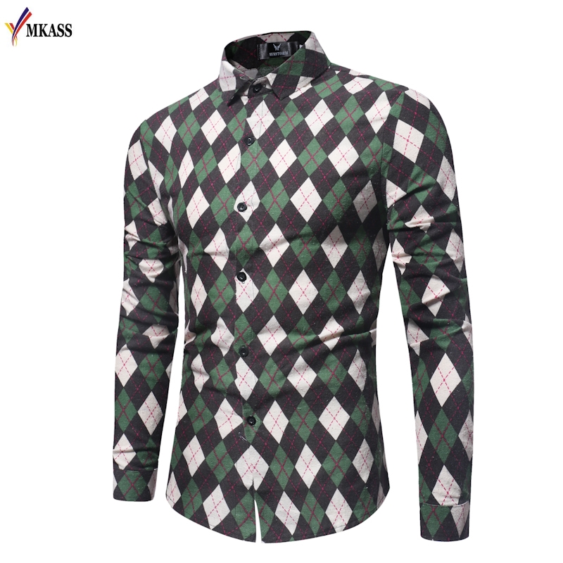 

2018 New Autumn Fashion Brand Men Clothes Slim Fit Men Long Sleeve Shirt Plaid Cotton Casual Dress Shirts, Green