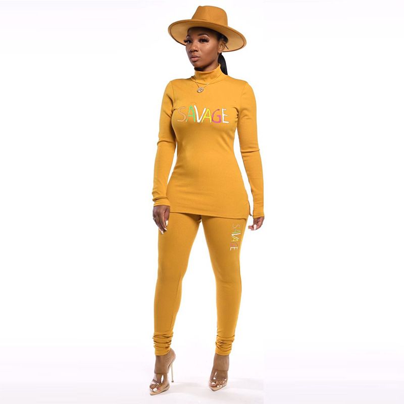 

Rainbow letters spliced fashion lady set full sleeve pullovers and leggings 2 piece set casual sports suit, Black