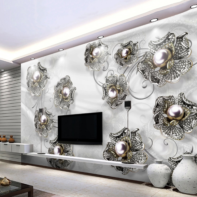 

2020 3D Jewelry Diamond Flower Custom WallPaper Home Decor Modern Living Room TV Background Self-adhesive Sticker Mural, As pic