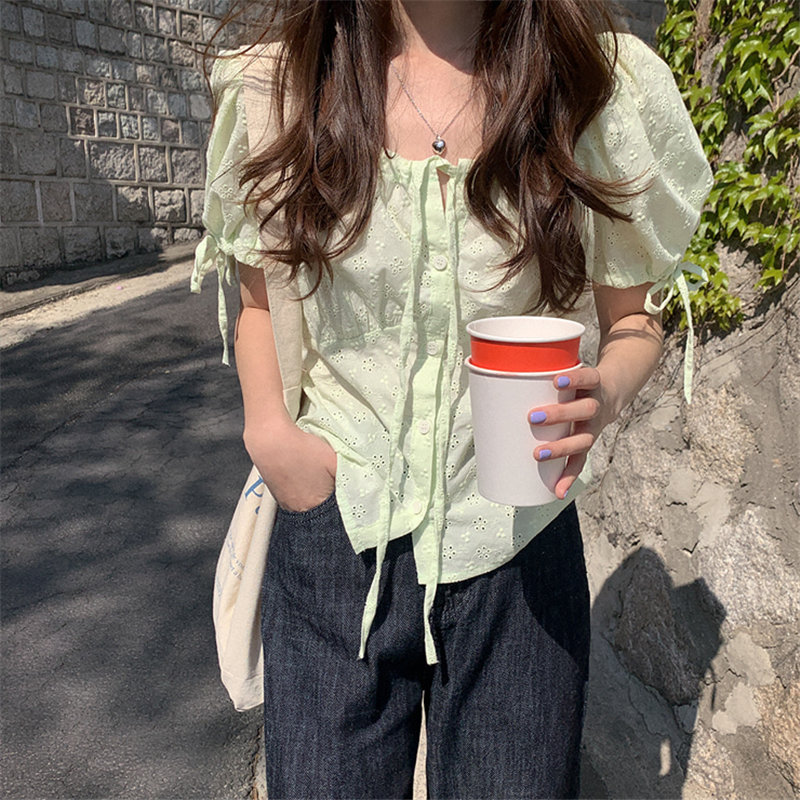 

New Gentle Green Lovely Cotton Embroidery Flower 2020 Hot Thin New Chic Cardigans Drawstring Adjustable Lace Shirts, Photo color