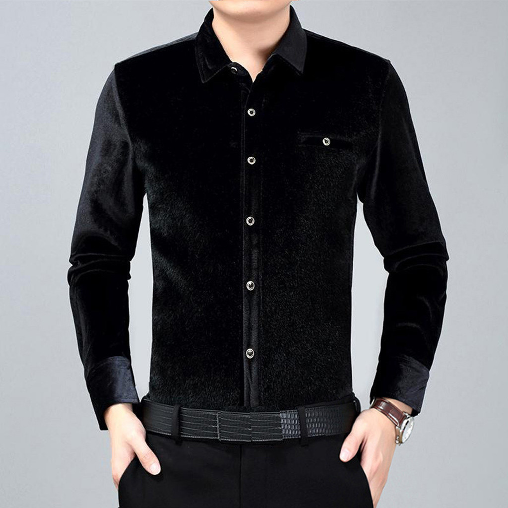 Mstyle Mens Long Sleeve Plus Size Pure Color Warm Winter with Velvet Button Down Blouse Shirt Tops
