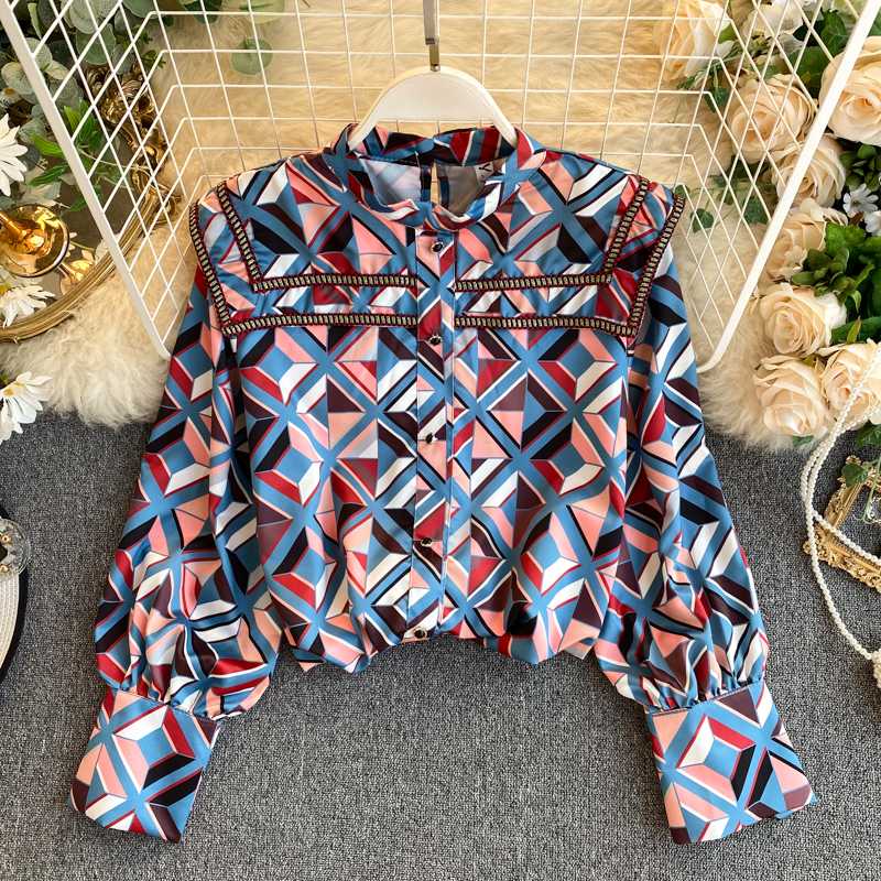 

EWQ] 2020 Summer New Retro Geometric Color-block Check Loose Women's Shirt Korea Style Stand Neck Womens Tops And Blouses QV243, Orange
