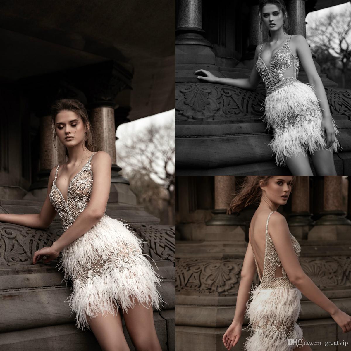 

Oved Cohen 2019 Short Prom Dresses Spaghetti Beads Crystals Tiered Feather Mini Evening Gowns Custom Formal Party Cooktail Dress Sexy Wear, Lavender