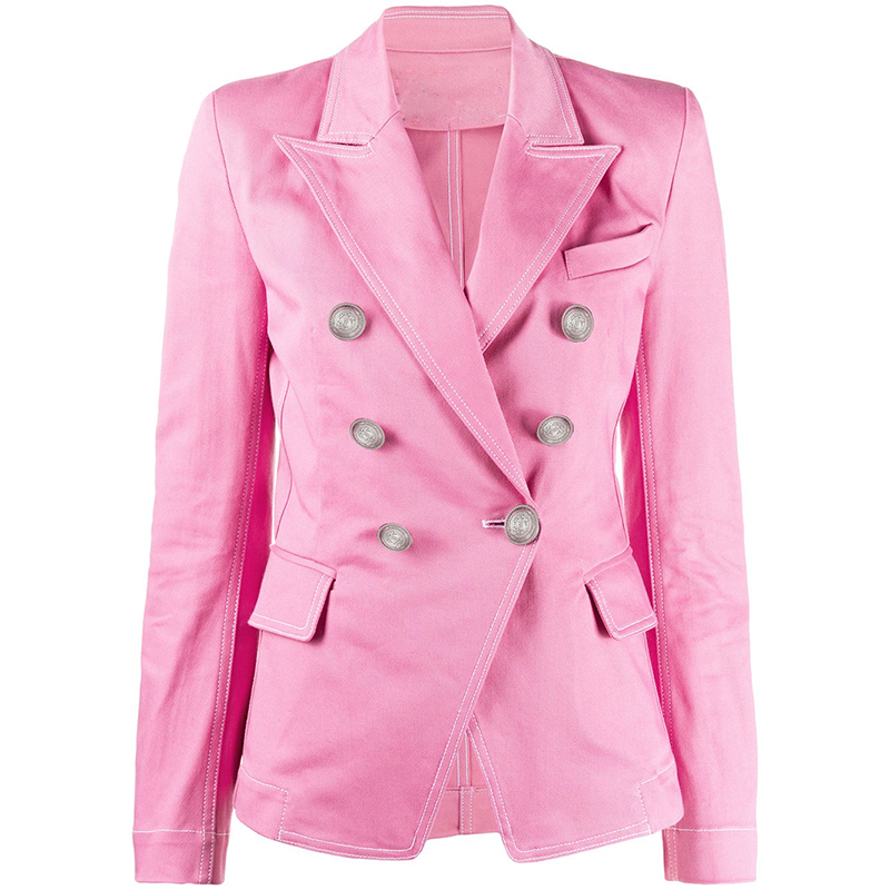 

HIGH QUALITY Newest 2020 Designer Blazer Women' Double Breasted Lion Buttons Top Stitching Contrast Pink Denim Jacket Blazer
