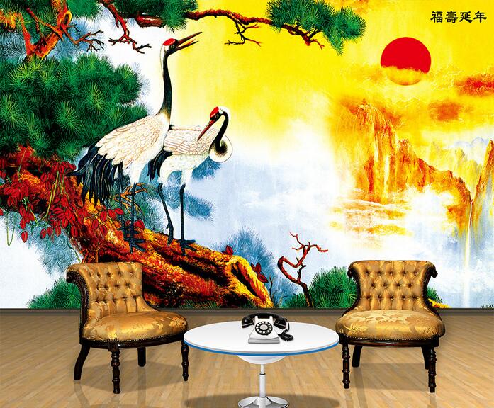 

3d wall paper for living room custom photo Chinese mountain pine crane background home decor 3d wall murals wallpaper for walls 3 d, Non-woven wallpaper