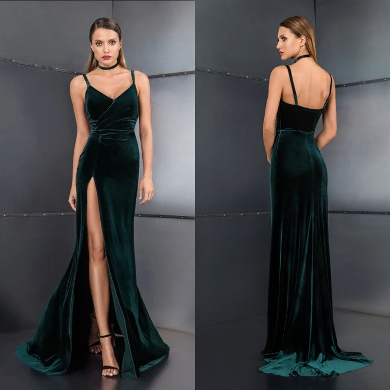 

Elegant Velvet Green Prom Dresses 2020 New Sexy Split Slit Long Backless Evening Gowns Custom Made Bridesmaid Dress BC3608, Blue