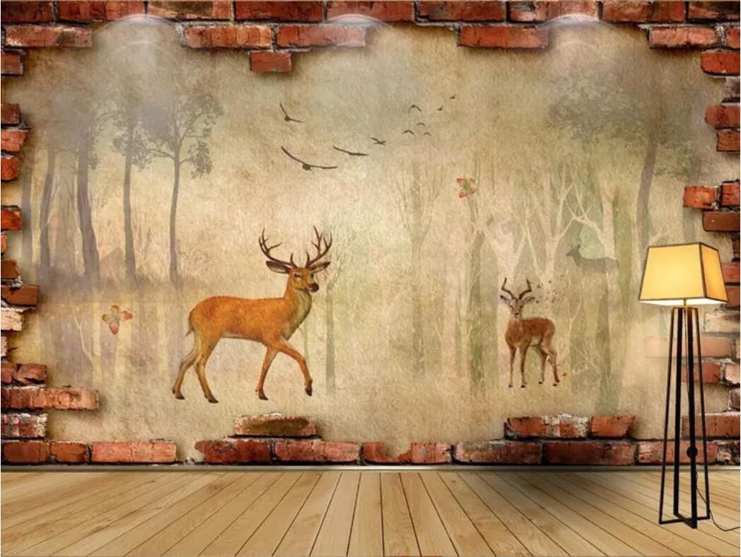 

3d room wallpaper custom photo mural Vintage brick wall forest elk background wall painting wallpaper wallpaper for walls 3 d, Non-woven fabric