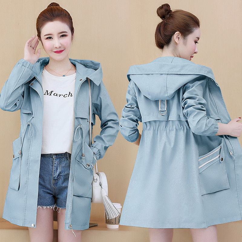 

2020 new Korean Spring Autumn Long Trench Coats Hooded Outerwear Women's Windbreaker Girls Tops B278, Blue
